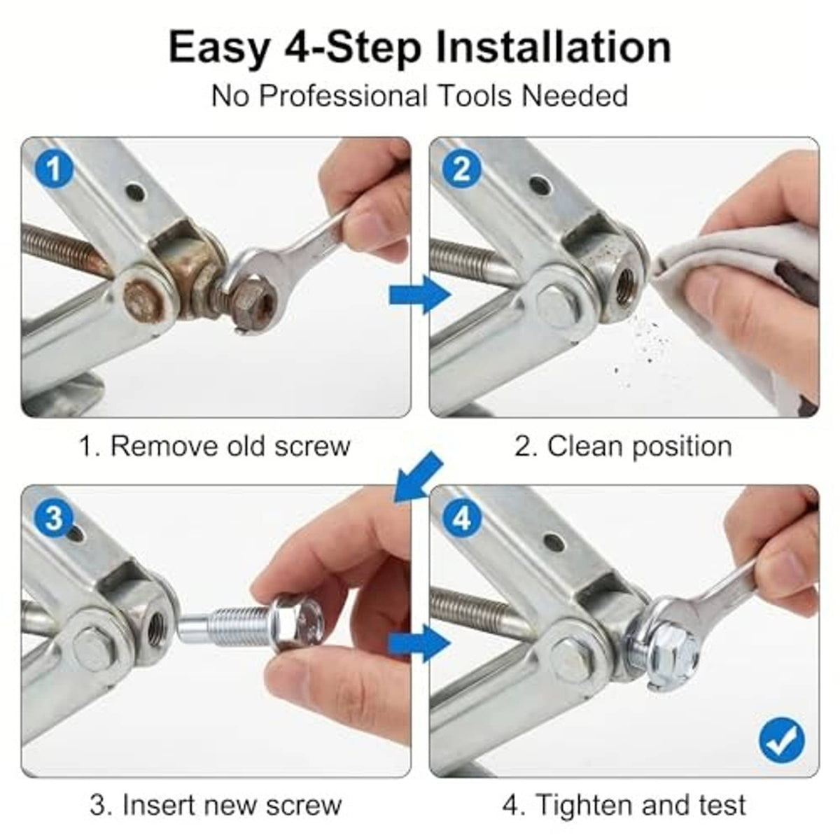 Floor jack handle bolt installation steps showing inserting and tightening the new screw
