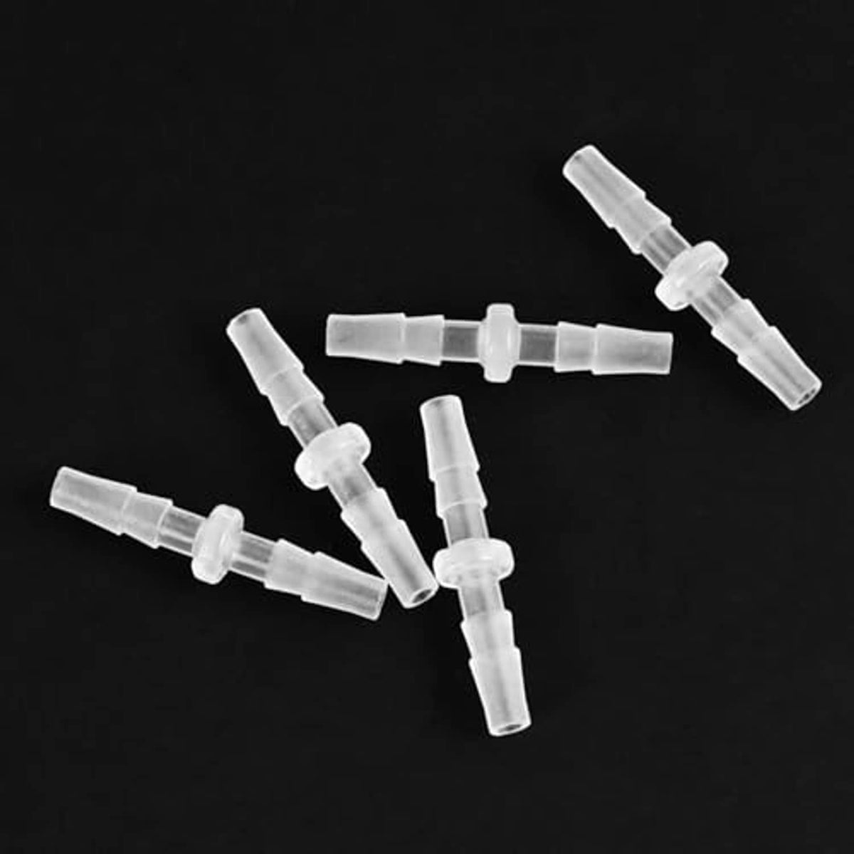 Multiple clear barbed hose connectors in a 5-pack set for small tubing