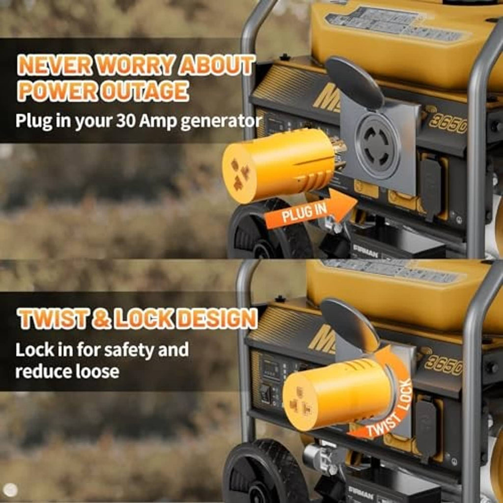 Yellow generator distribution adapter plug with 4-prong twist-lock connector