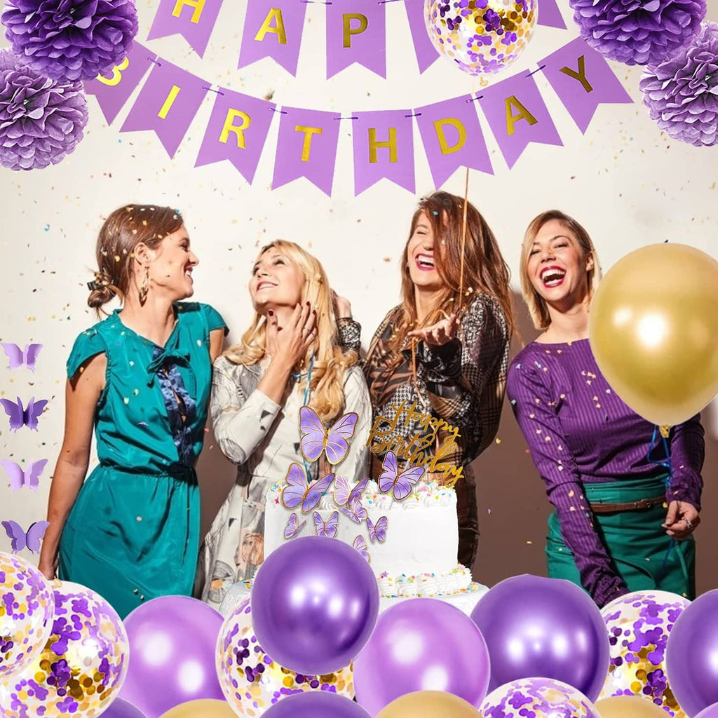 Purple and gold balloon cluster with Happy Birthday banner and butterfly stickers on party table