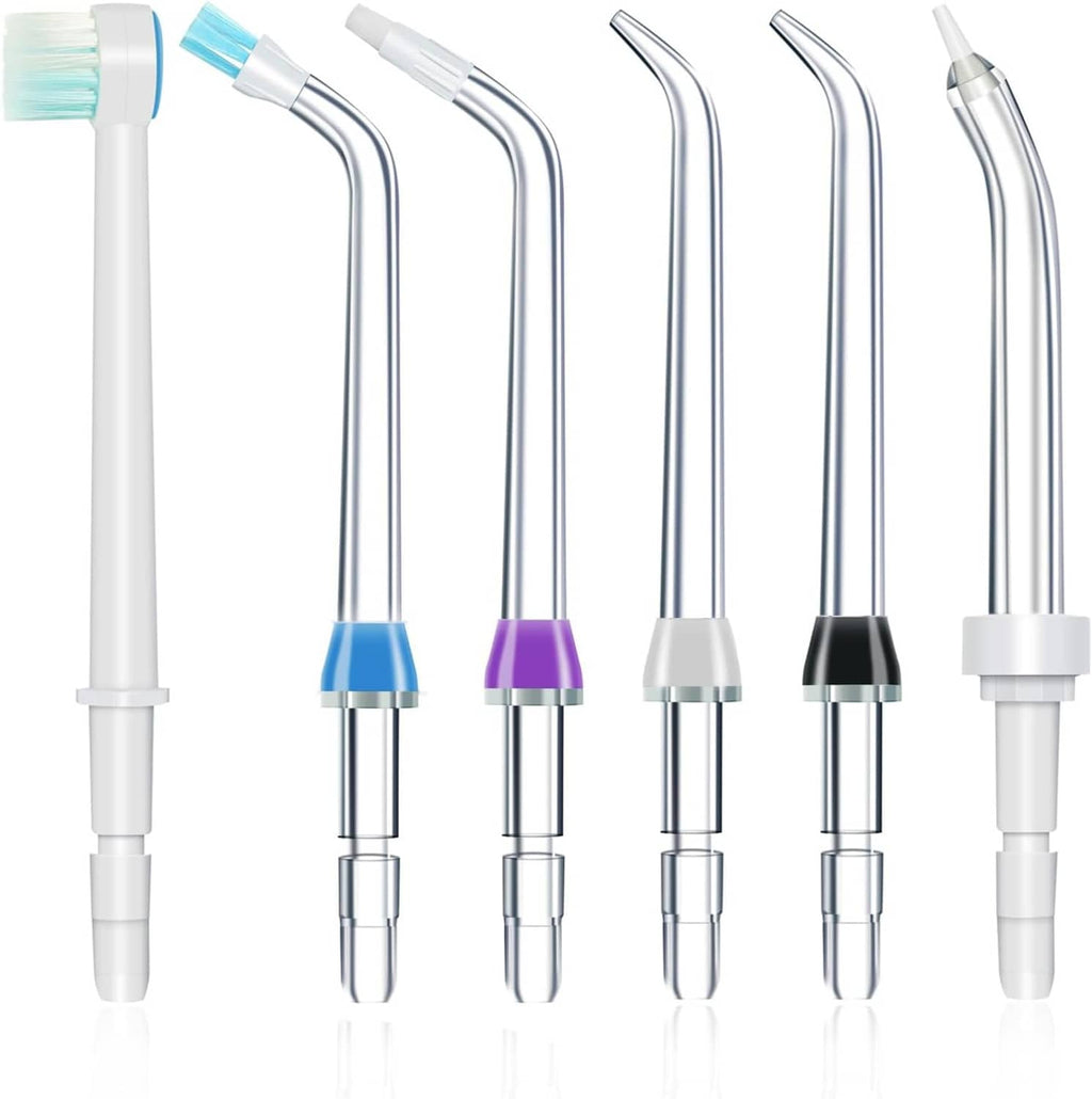 Water flosser jet tips set with white handles and colored ring connector heads