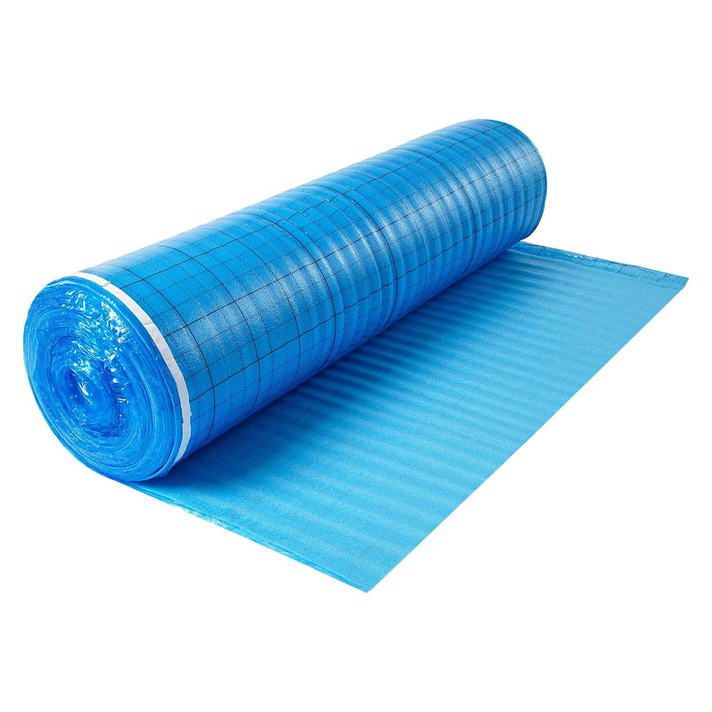Blue floor underlayment roll with grid pattern and matching flat sheet