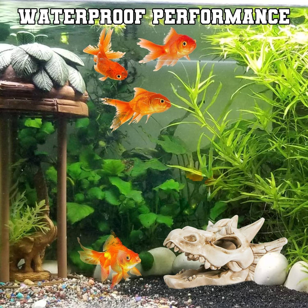 White dragon skull ornament partially buried in aquarium gravel
