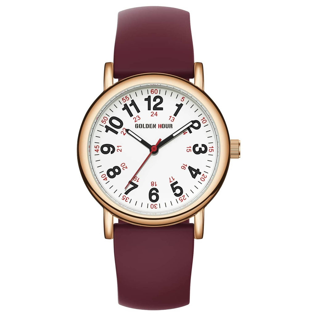 Nurse watch with wine-red silicone strap, rose-gold case, white dial with red numerals