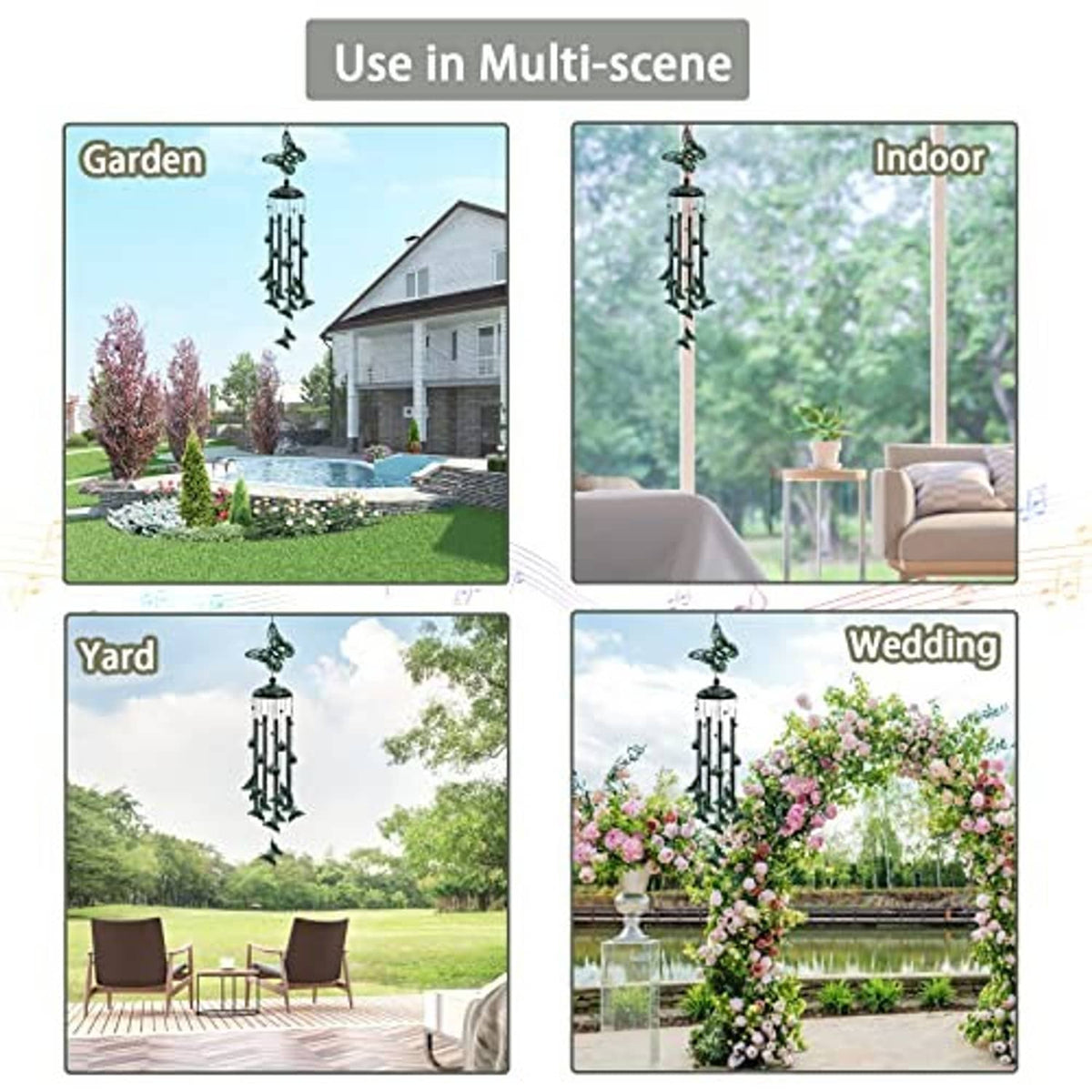 Green butterfly wind chime shown across garden, indoor, yard, and wedding settings