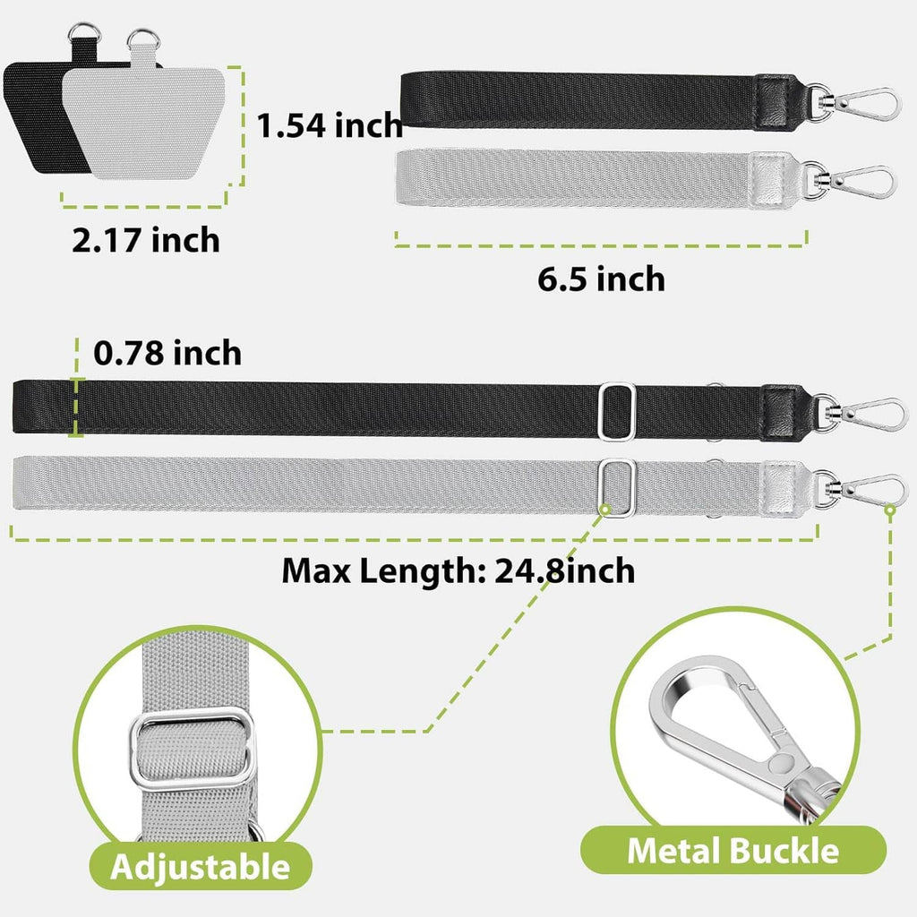 Adjustable phone lanyard set with black and gray straps, metal buckle, and key clips