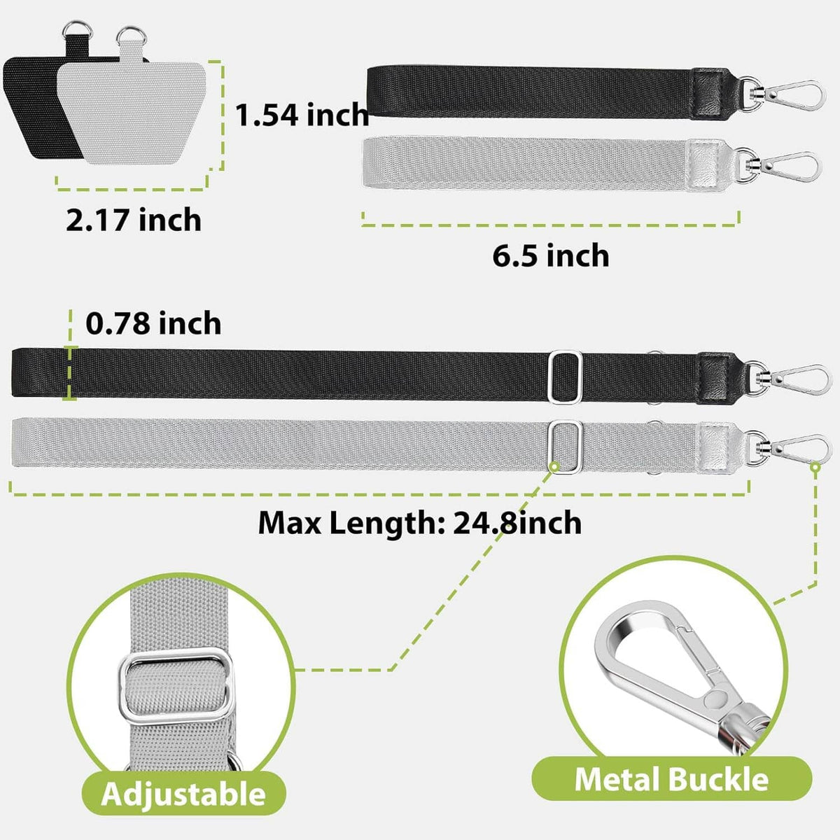 Adjustable phone lanyard set with black and gray straps, metal buckle, and key clips