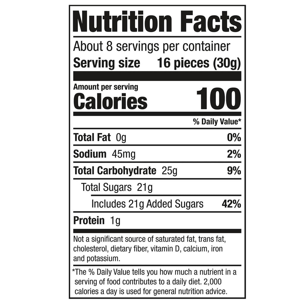 Nutrition Facts panel for gummy candy, serving size and calories per serving