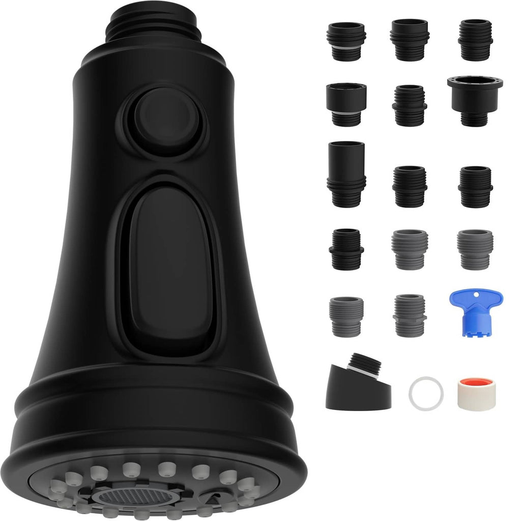 Matte black pull-down kitchen faucet head replacement with spray nozzle tip