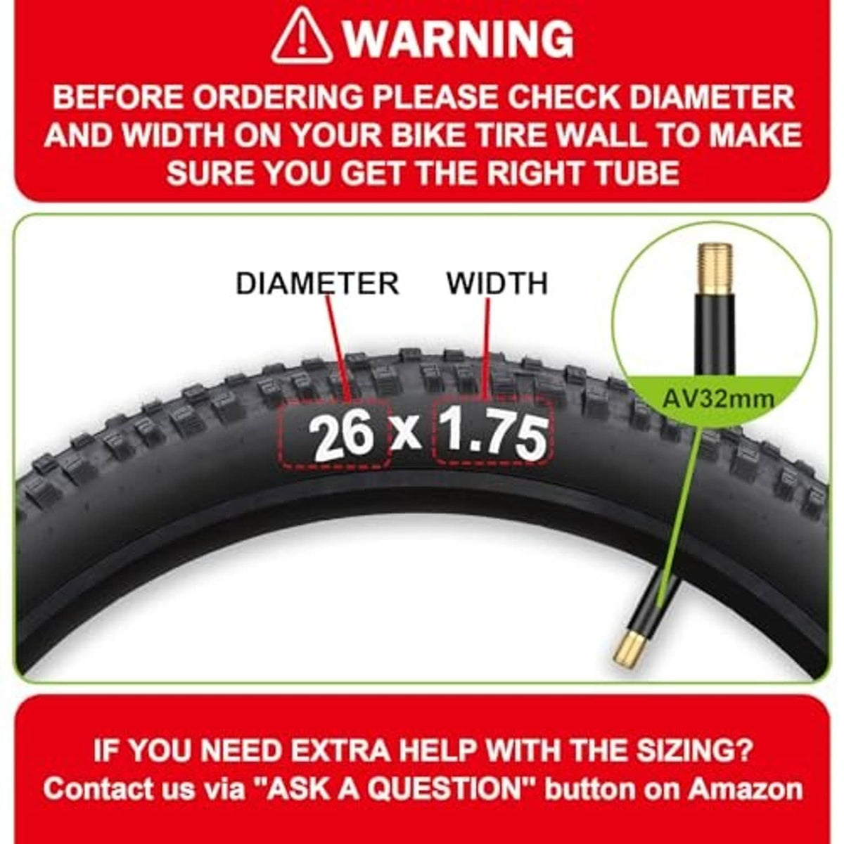 Bicycle inner tube sizing diagram showing 26 x 1.75 and valve stem detail.