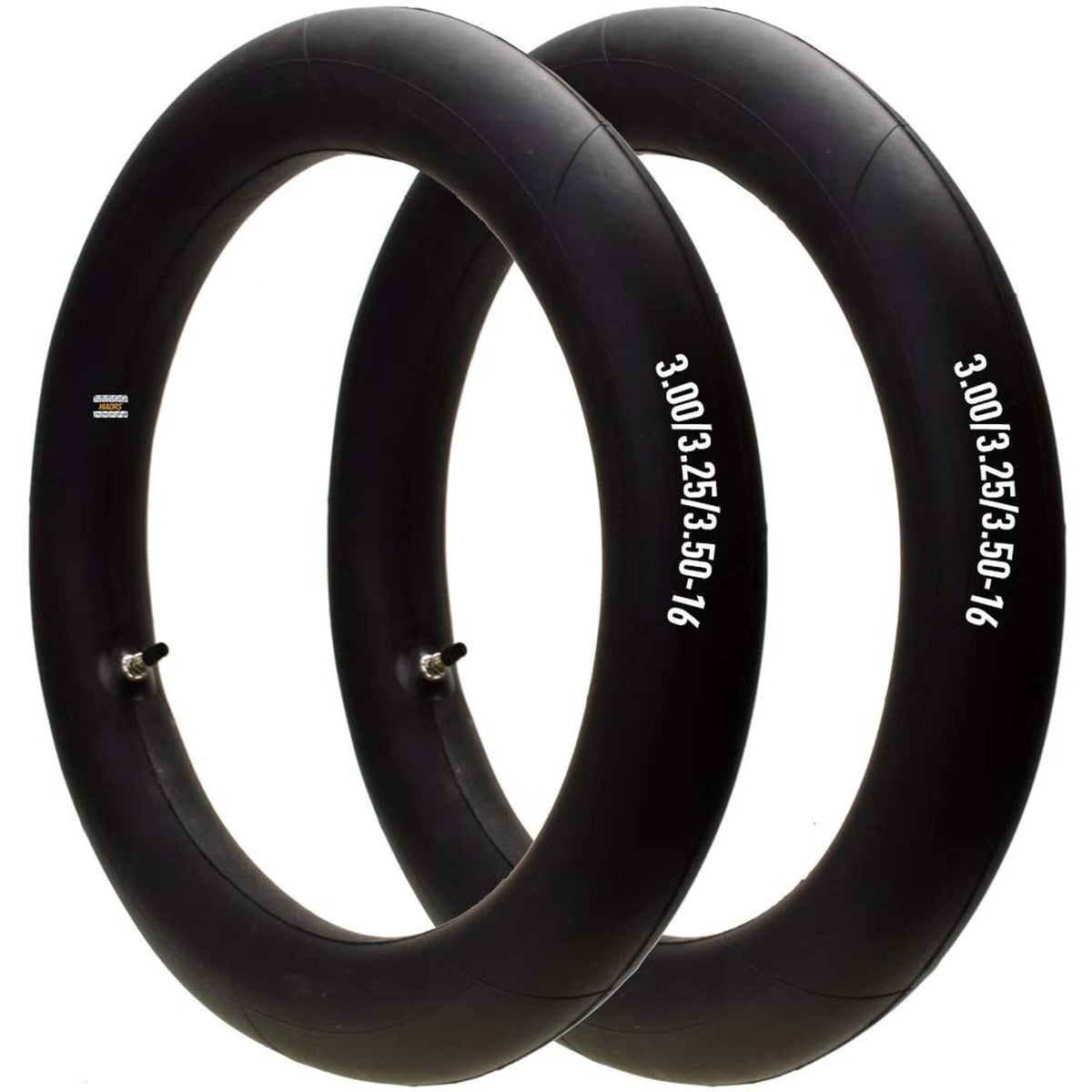 Pair of black 3.00/3.25/3.50-16 dirt bike inner tubes with valves