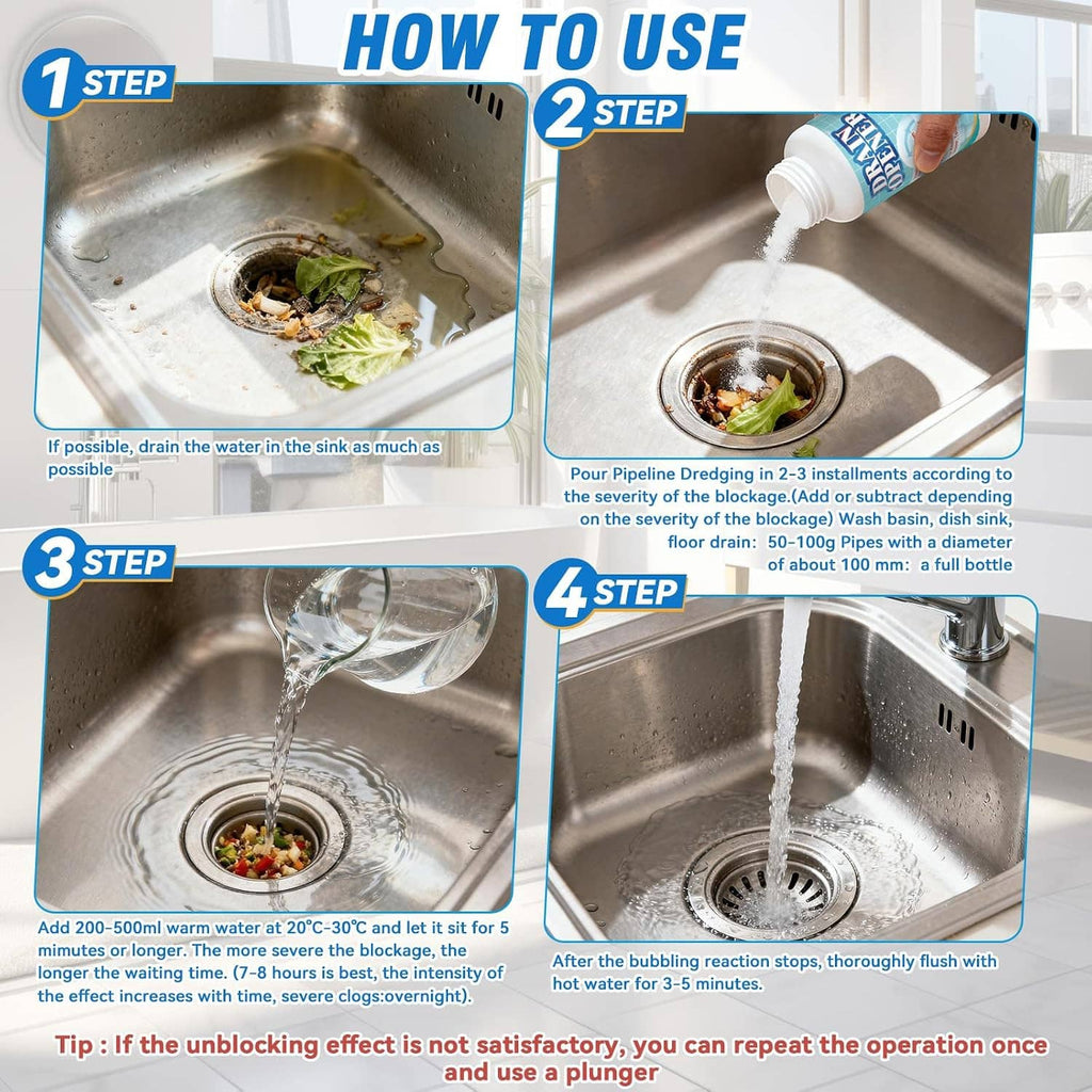 Drain cleaner usage steps shown on kitchen sink and basin, with bottle pouring water