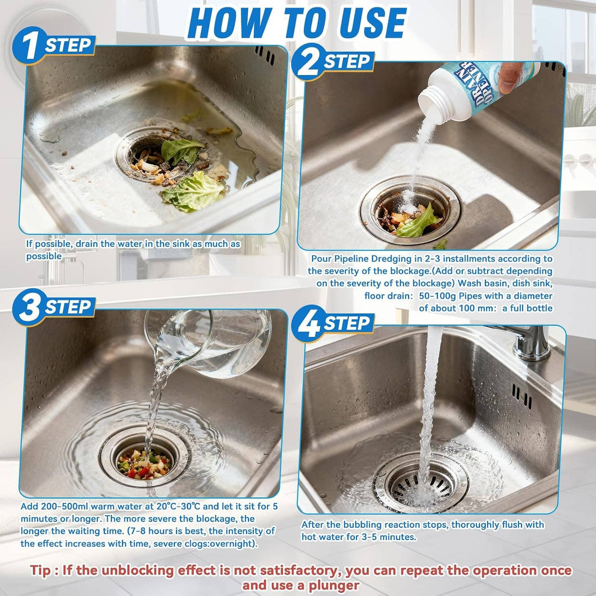 Drain cleaner usage steps shown on kitchen sink and basin, with bottle pouring water