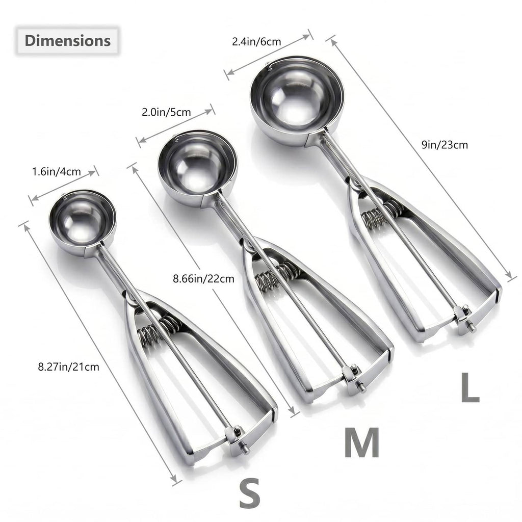 Three stainless steel cookie scoops with different sizes and measuring labels