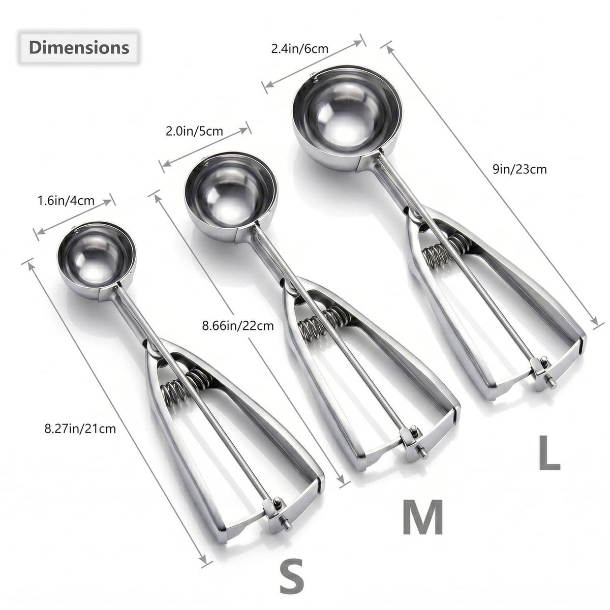 Three stainless steel cookie scoops with different sizes and measuring labels
