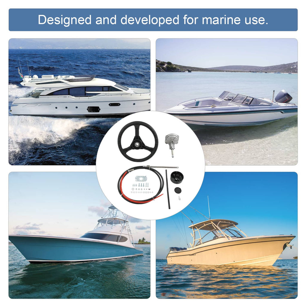 Marine steering system designed for boats, shown with steering wheel and cable kit
