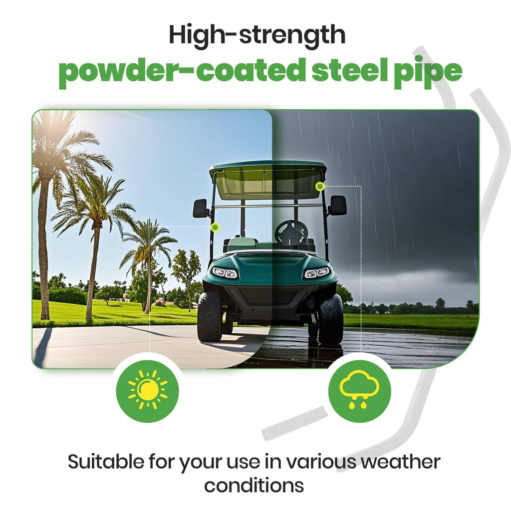 Black golf cart front roof support strut shown with weather icons