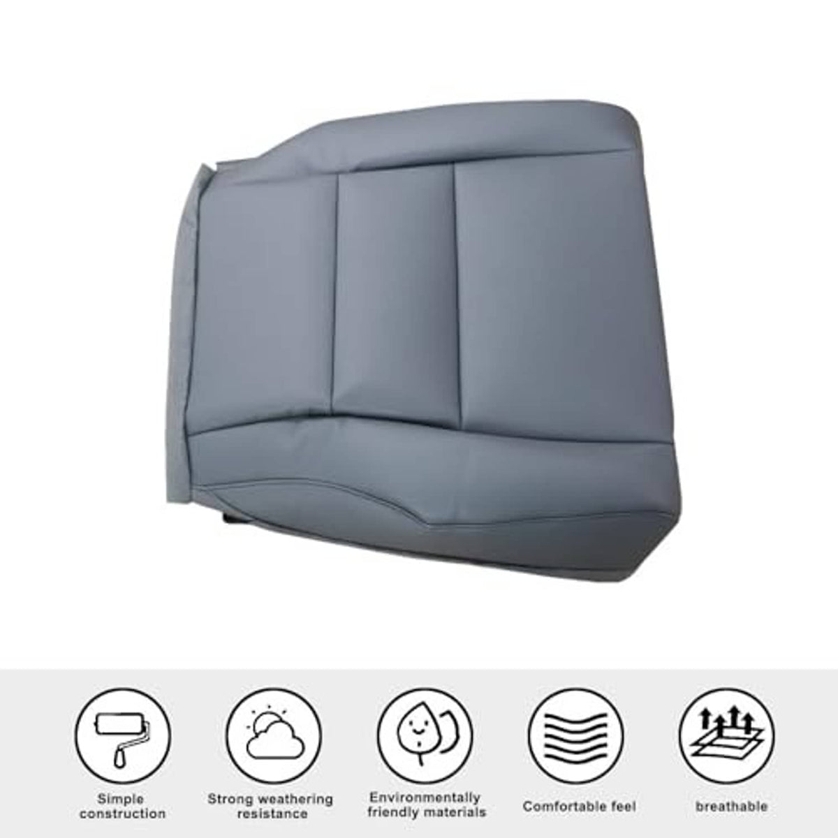 Front driver-side seat cover, dark gray leather-look with side bolster stitching.