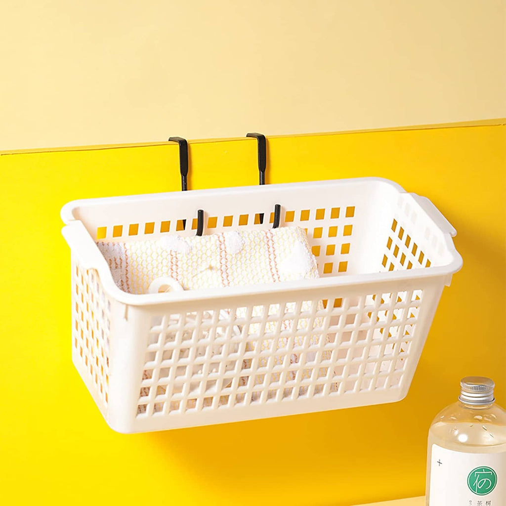 Black shower door hooks mounted under cabinet edge with hanging organizer