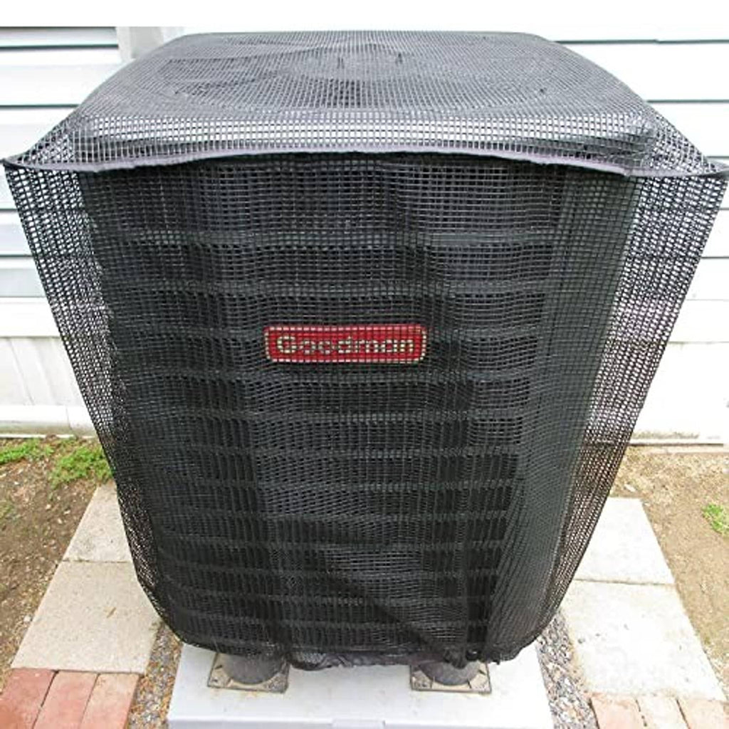 Grey full mesh air conditioner cover with front zipper and red logo label