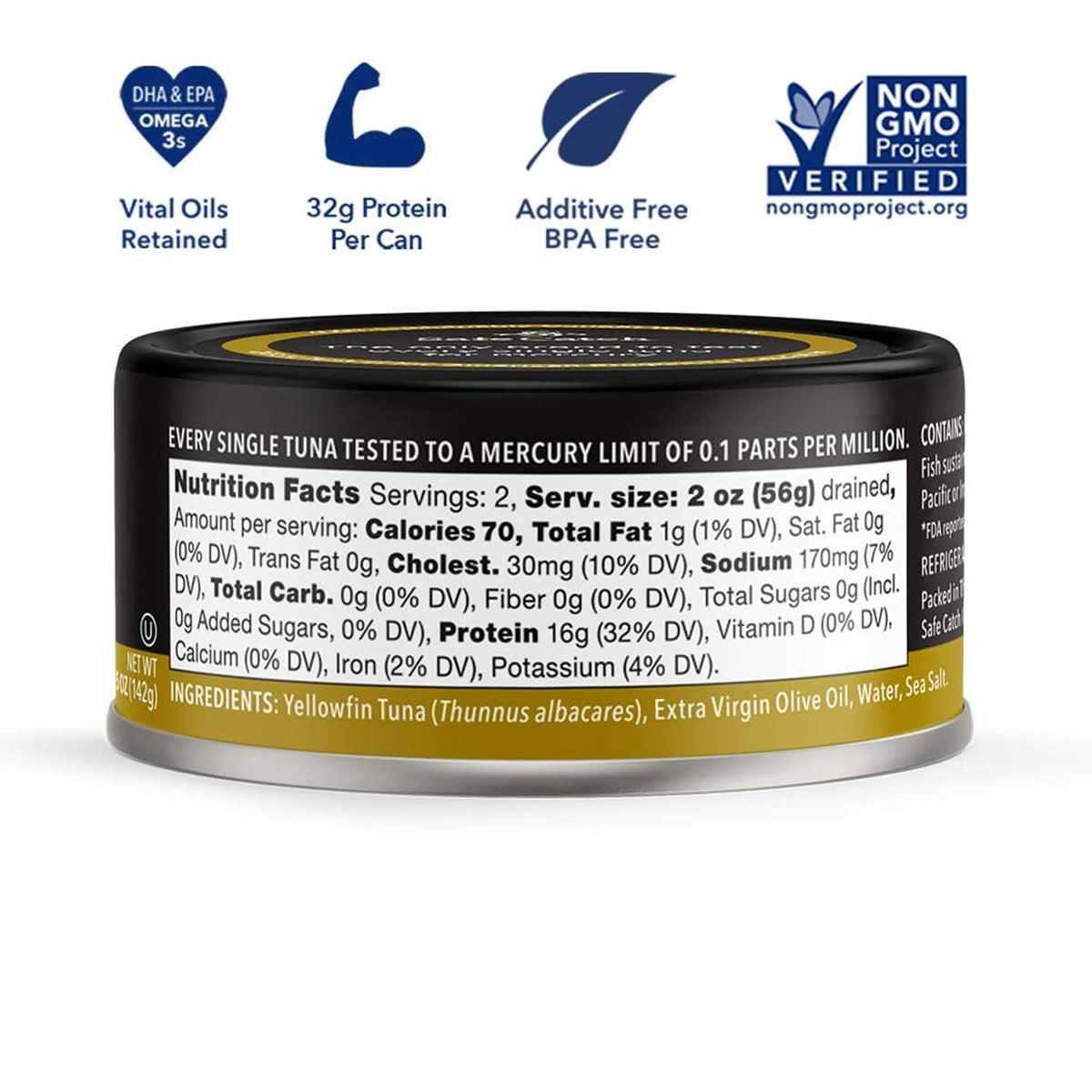 Tuna can back panel with nutrition facts and ingredients, extra virgin olive oil