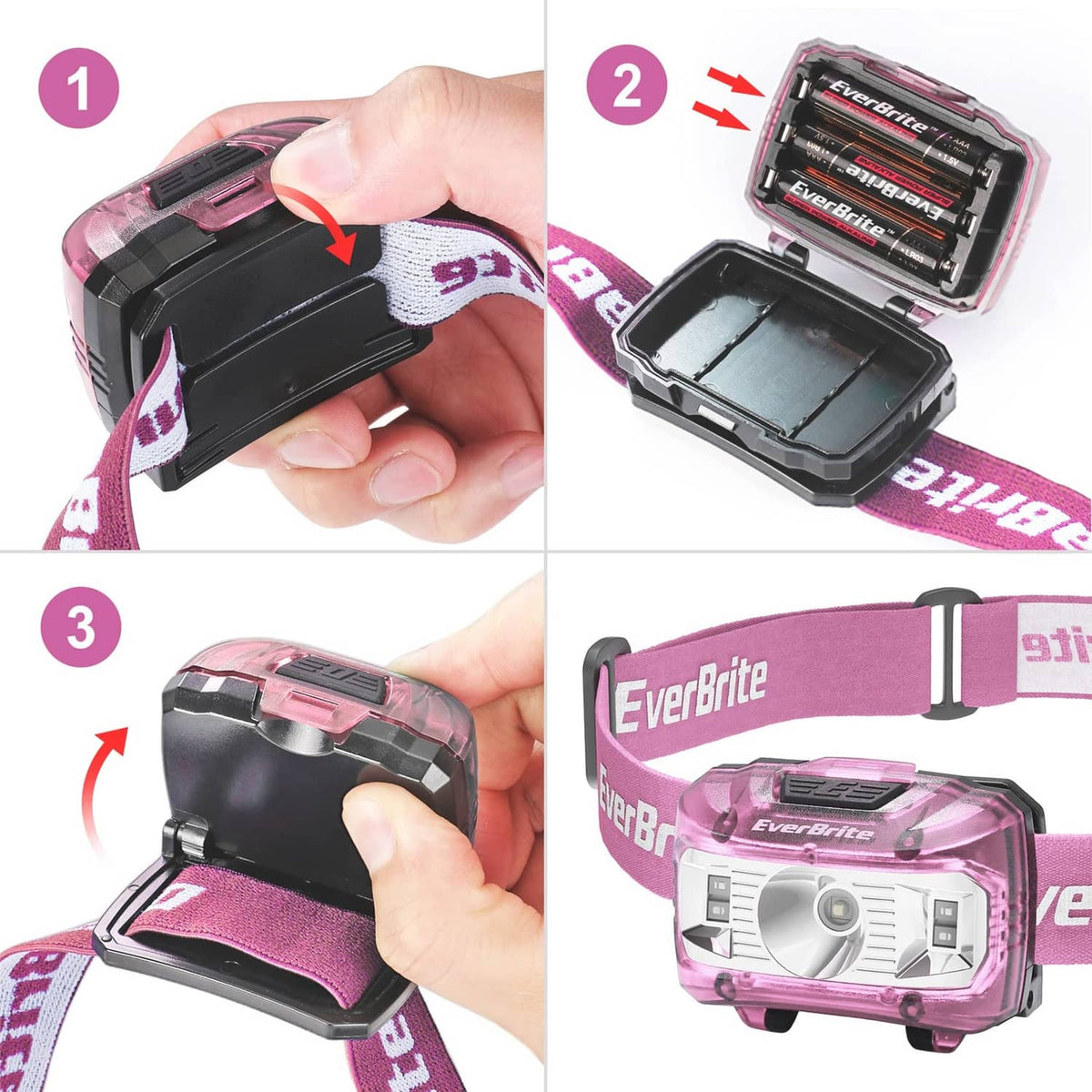 Pink kids headlamp with removable battery cover and adjustable elastic head strap.