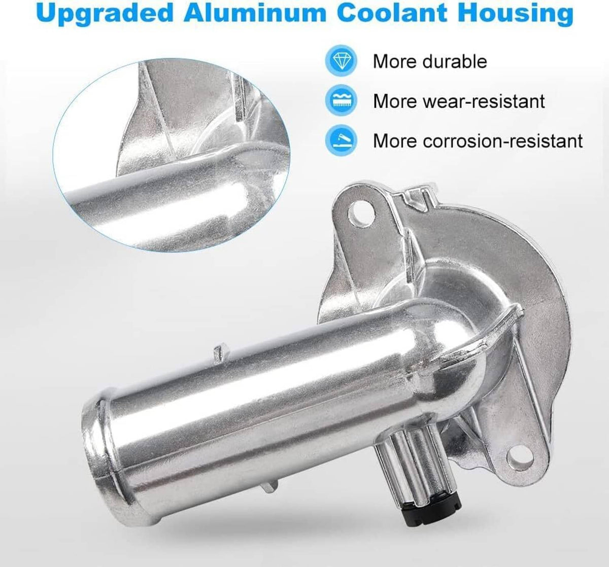 Aluminum coolant thermostat housing with curved mounting plate and metal outlet tube
