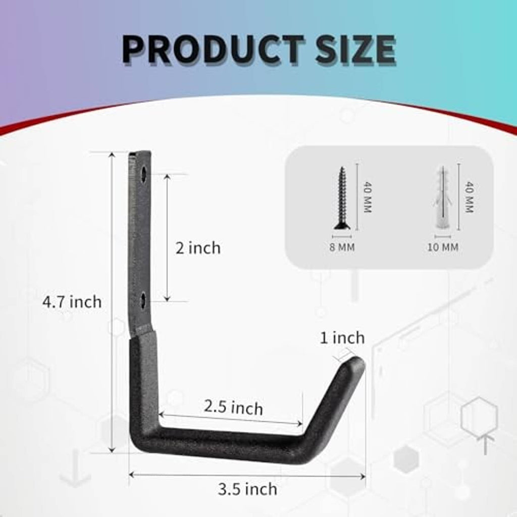 Black steel U-shaped wall hook with mounting holes, shown with size diagram