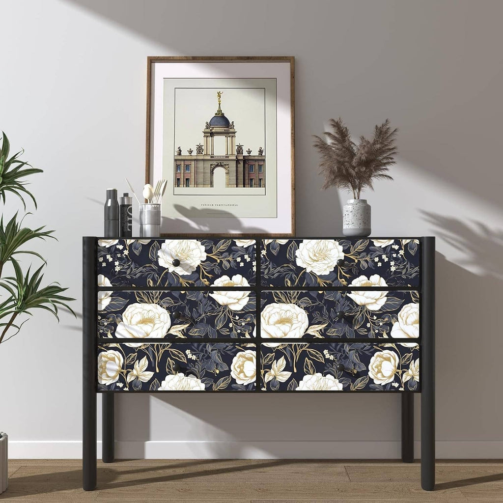 Peel-and-stick floral contact paper panel with white peonies and gold leaves on dark blue