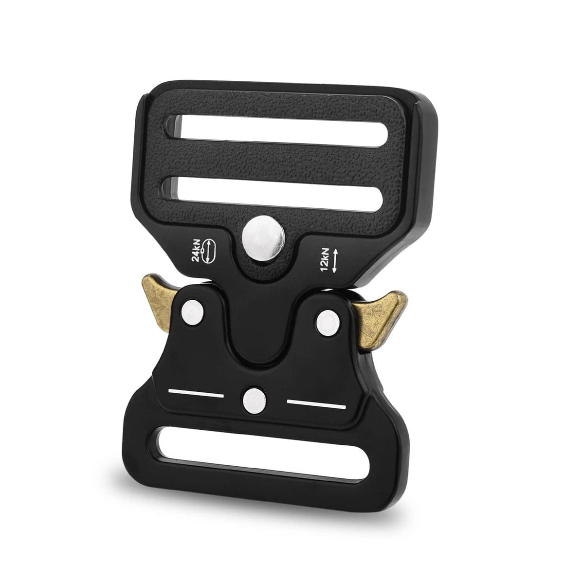 Black tactical belt buckle with gold side prongs and quick-release lever