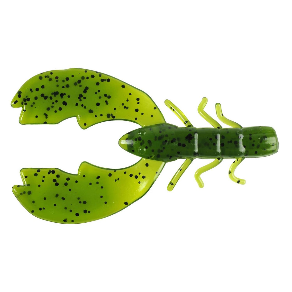 Lime green soft plastic craw lure with dark speckles and curled legs