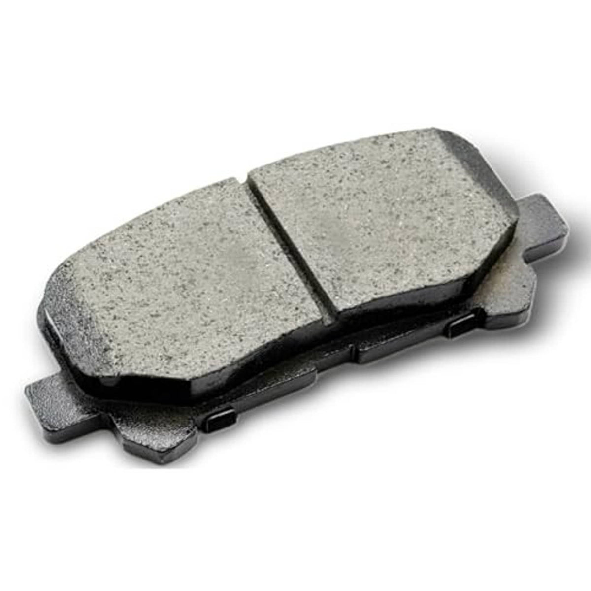 Ceramic brake pad with gray friction material, black backing plate, and spring clip features