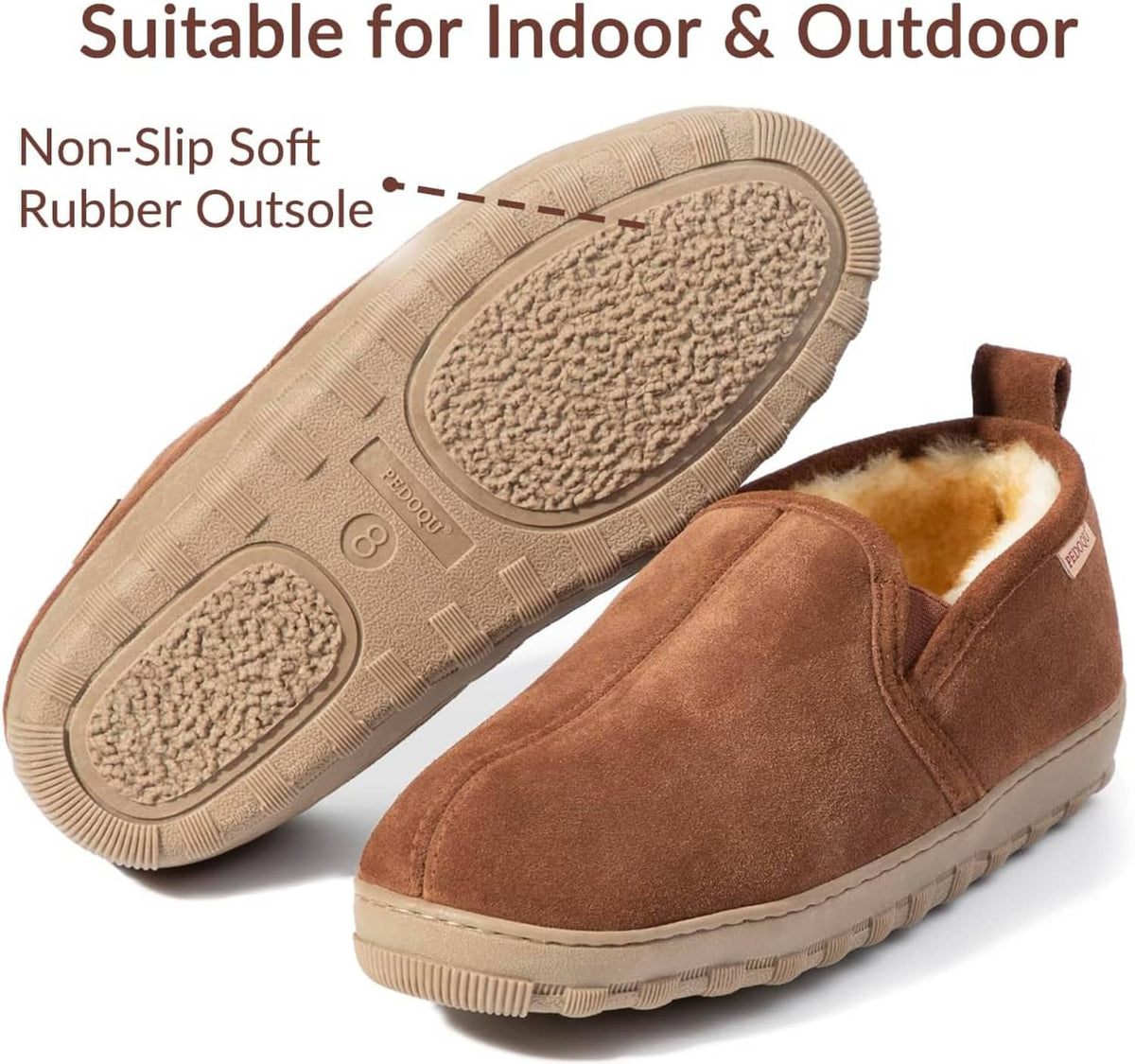 Brown suede men’s slippers with shearling lining and textured non-slip rubber outsole