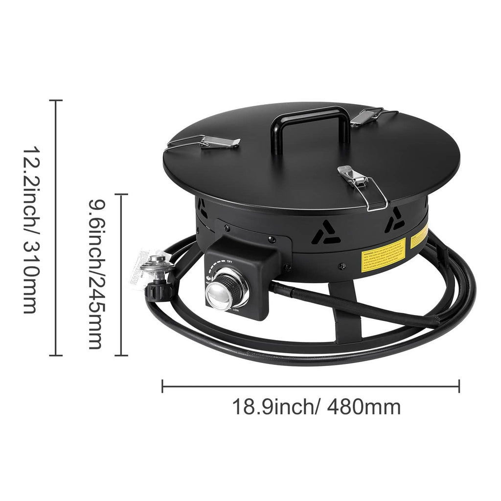 Black propane gas fire pit with closed lid, front regulator knob, and connected hose