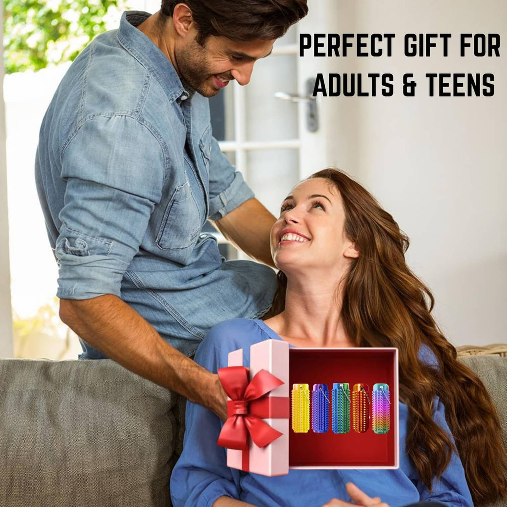 Multicolor spiky fidget keychain set in a gift box with metal key rings