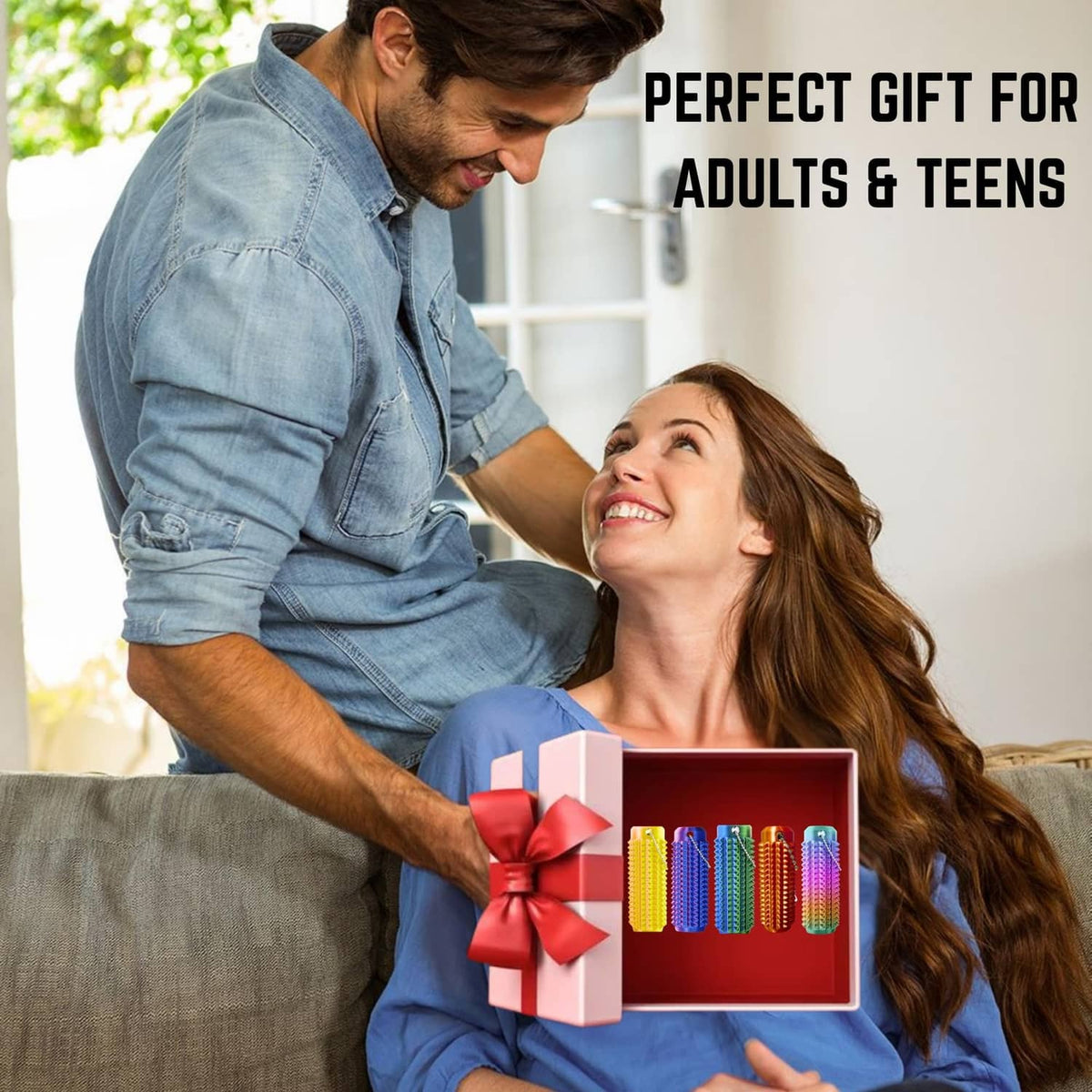Multicolor spiky fidget keychain set in a gift box with metal key rings