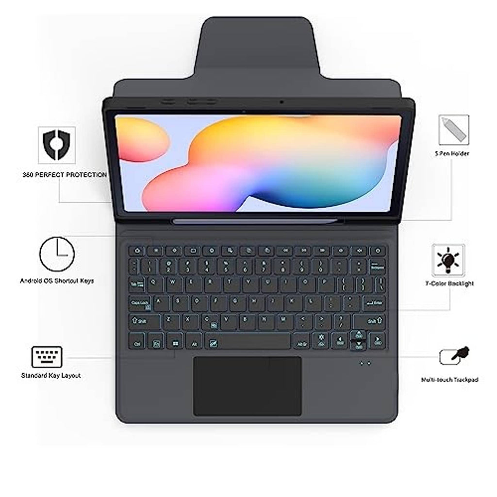 Black Galaxy Tab S6 Lite keyboard case with protective cover, trackpad, and blue keys