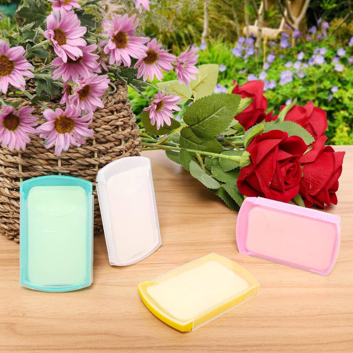 Hand washing soap sheets with assorted colored cases on a tabletop