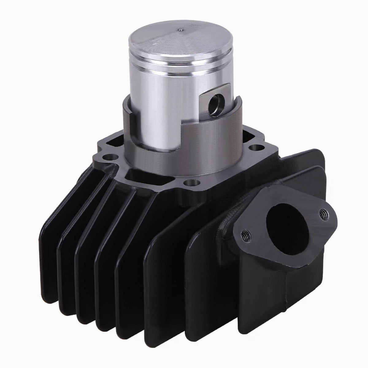 Cylinder and piston assembly with black finned cylinder and silver piston