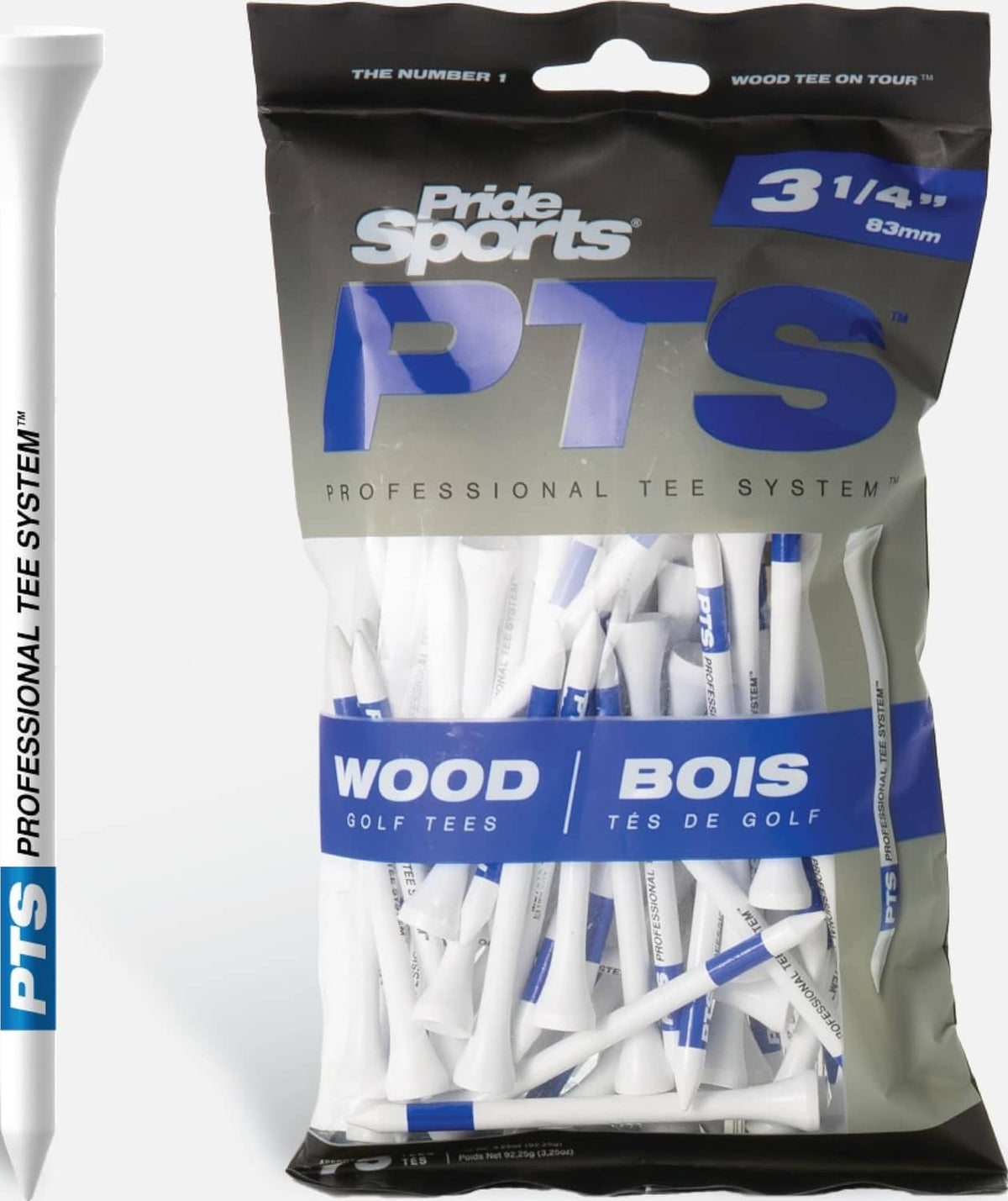 White 3-1/4 in wood golf tees in PrideSports PTS package bag