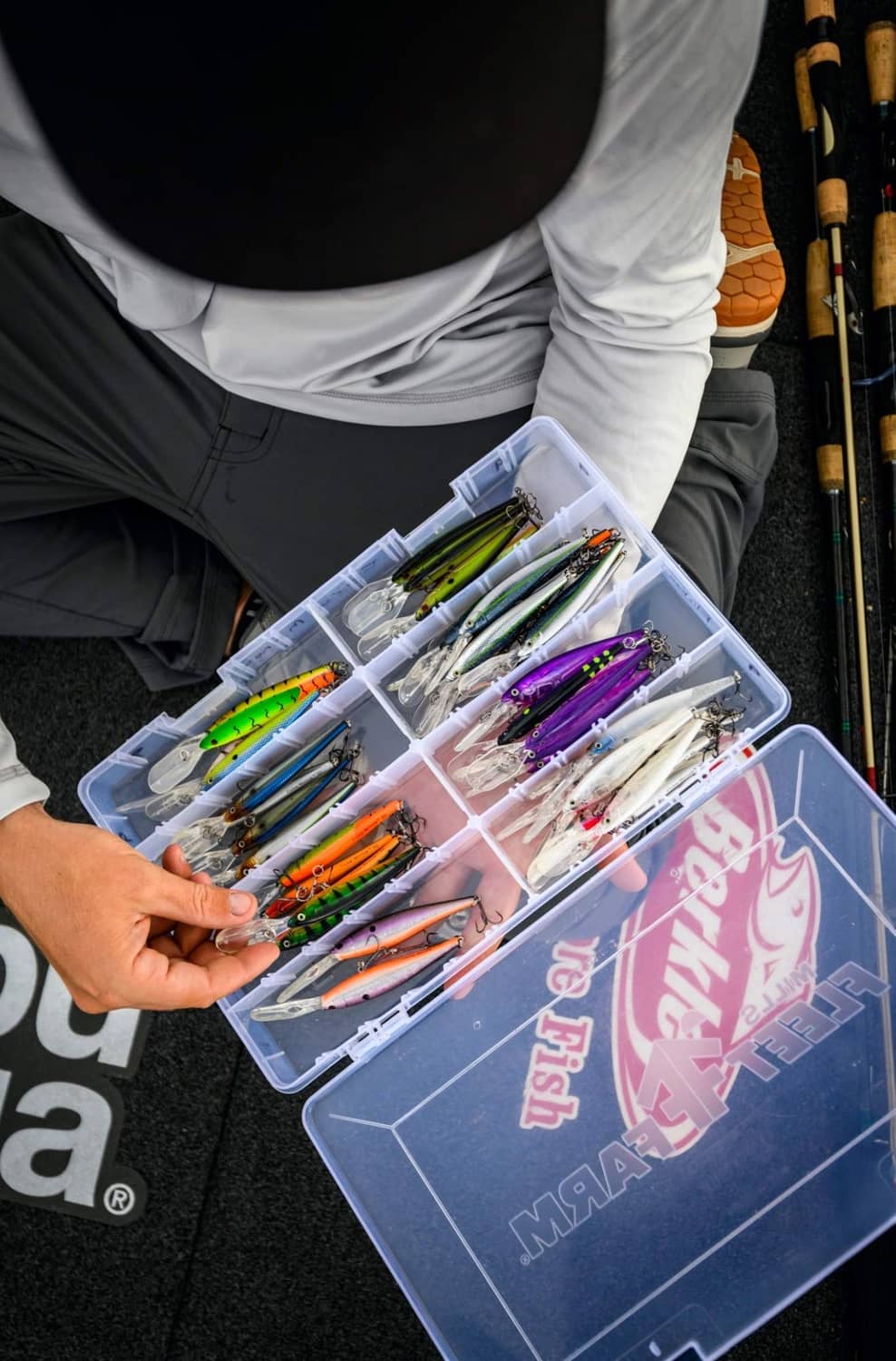 Assorted crankbait lures in clear organizer, including purple and orange designs