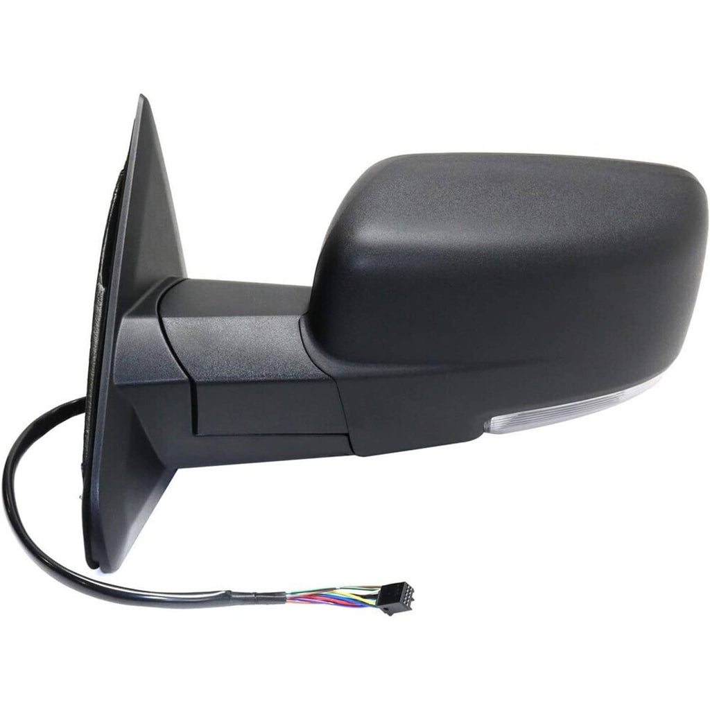 Left heated power-fold side mirror with wiring harness and black mount housing