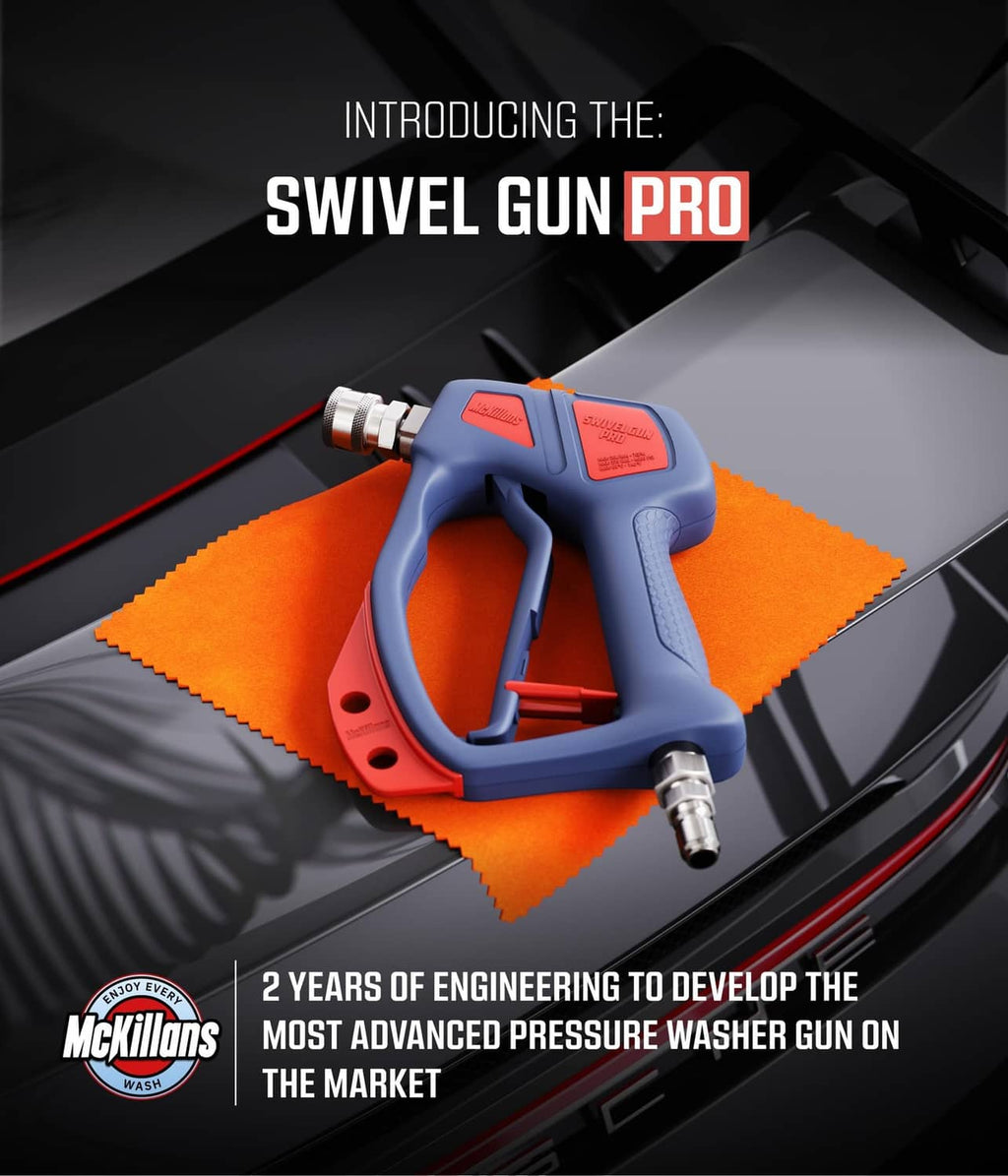 Blue pressure washer swivel gun with red accents and metal quick-connect fitting