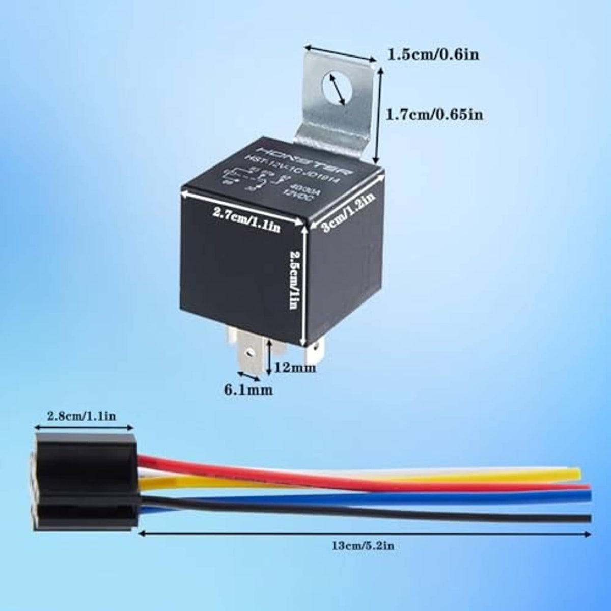 Black 12V 5-pin relay showing measurements with attached multi-color wire leads