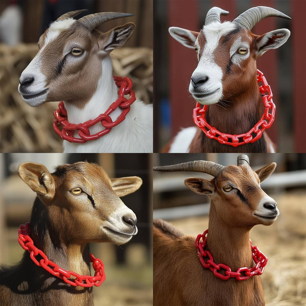 Red plastic chain links on goat collars