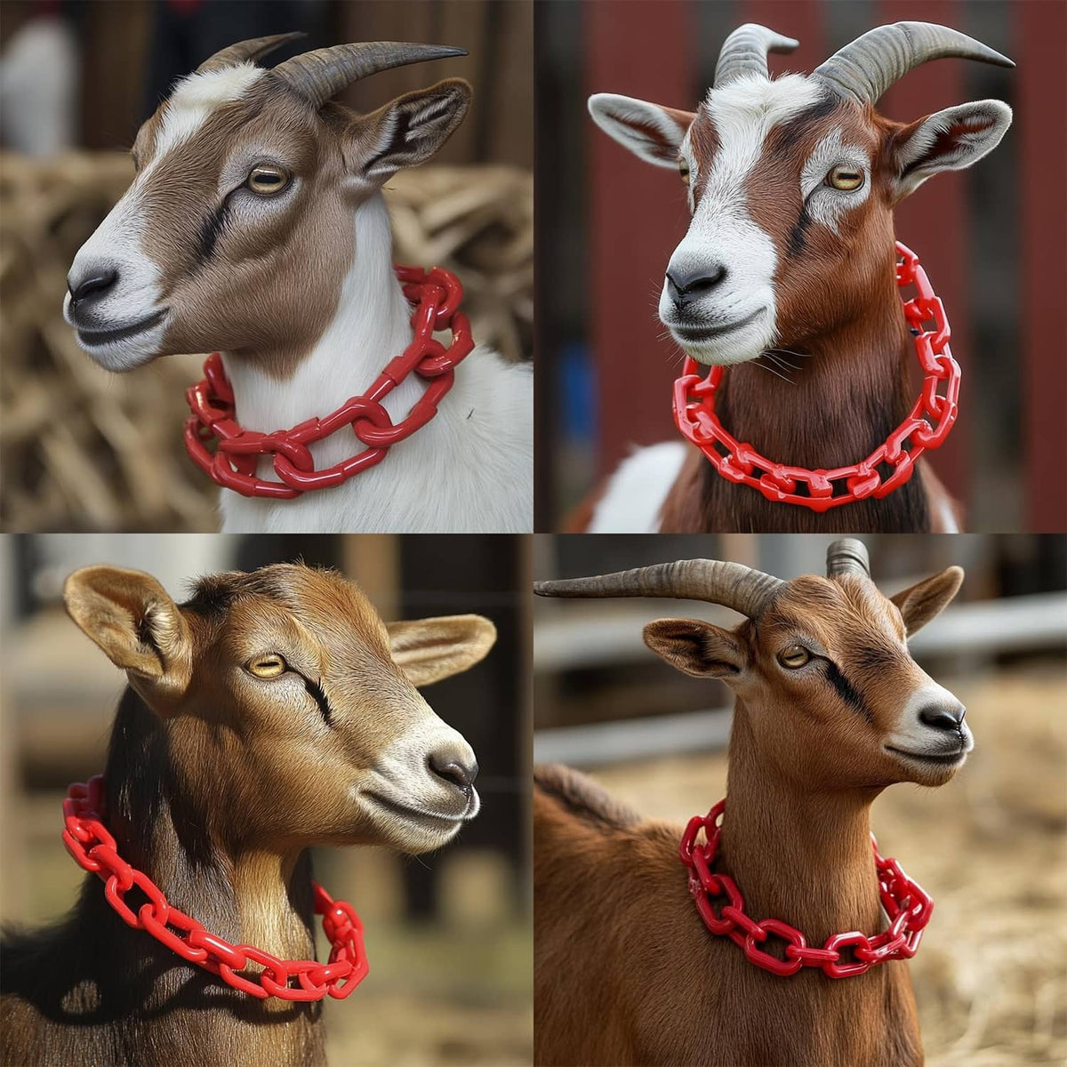 Red plastic chain links on goat collars