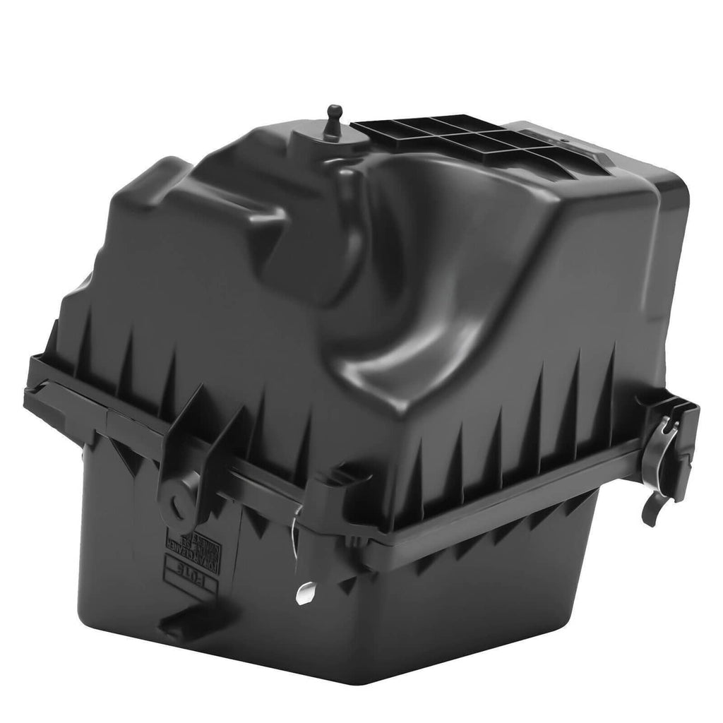 Air cleaner intake housing box, black plastic, top and front view with bolt tabs
