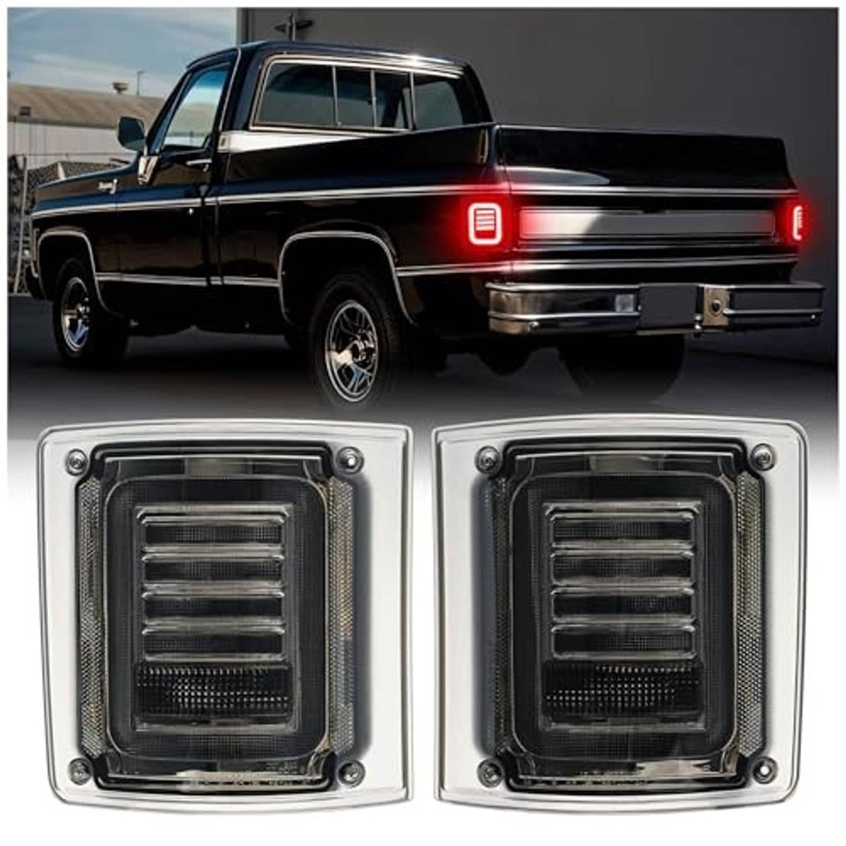 Pair of multifunctional smoked-lens LED tail lights with chrome square housings