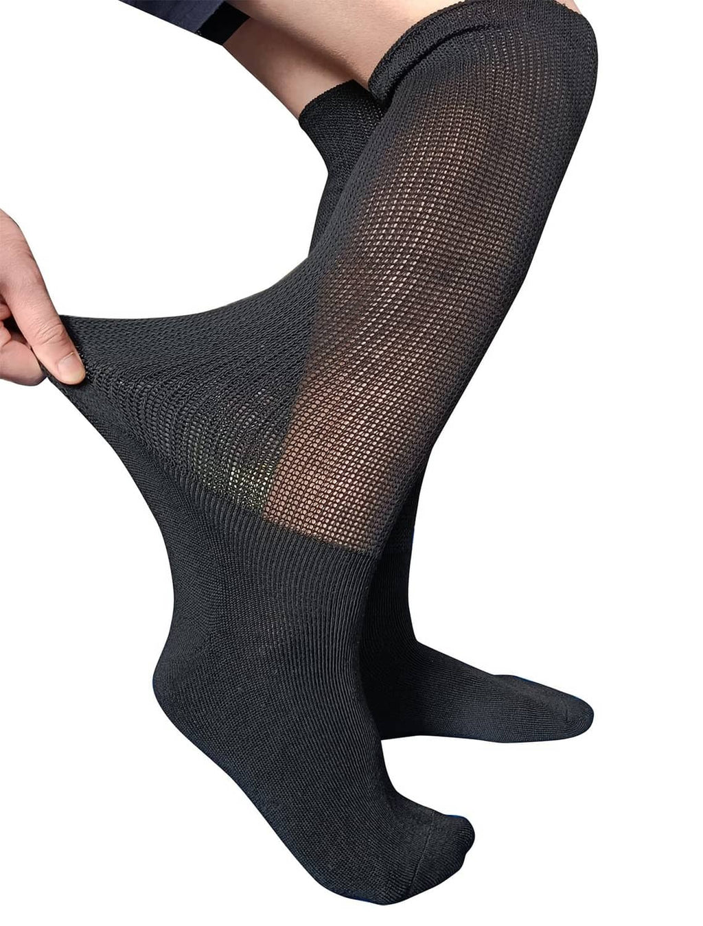 Black knee-high compression sock with stretch mesh over the foot and shin