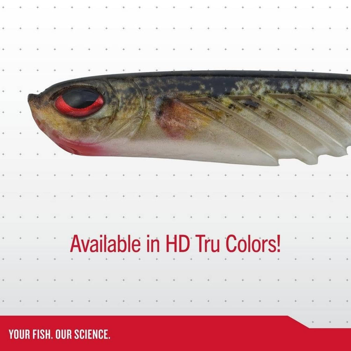 Perch-color soft lure close-up with red 3D eye and translucent segmented tail
